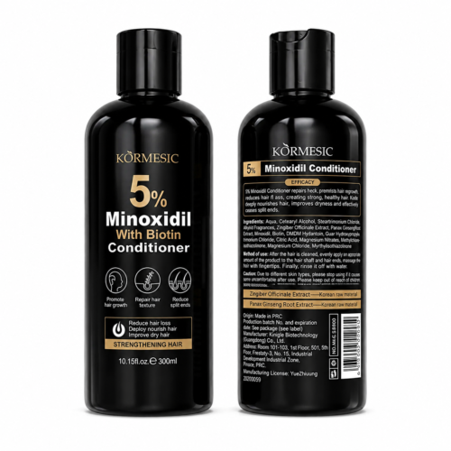 KORMESIC 5% Minoxidil with Biotin Strengthening Conditioner – 300ml Strengthen • Nourish • Support Fuller-Looking Hair Upgrade your hair care routine with Kormesic 5% Minoxidil with Biotin Strengthening Conditioner — an advanced conditioning formula designed to help support healthier-looking, fuller, and more resilient hair Formulated for thinning, weak, dry, or damaged hair, this conditioner combines 5% Minoxidil, Biotin, and nourishing botanical extracts to help improve hair texture, softness, and overall scalp condition while maintaining hydration without heavy buildup. Key Benefits Hair Density Support Helps improve the appearance of fuller and thicker-looking hair with consistent use. Strengthening Care Biotin and conditioning agents help reinforce weak and brittle strands to reduce the appearance of breakage. Deep Hydration Restores moisture to dry hair, leaving it softer, smoother, and easier to manage. Scalp Nourishment Supports a healthier-looking scalp environment for overall hair wellness. Smooth & Manageable Hair Helps improve texture, softness, and natural shine without weighing hair down. Key Ingredients 5% Minoxidil Widely used in hair care routines to help support the appearance of thicker, fuller-looking hair. Biotin (Vitamin B7) Supports hair strength and helps improve the look of weak or brittle strands. Ginseng Root Extract Known for scalp-conditioning and revitalizing properties. Hydrating & Conditioning Agents Help maintain moisture balance while improving softness and manageability. Why You'll Love It ✔ Lightweight, non-heavy conditioner ✔ Helps improve softness and shine ✔ Suitable for thinning or damaged hair ✔ Deep hydration without greasy residue ✔ Supports healthier-looking scalp and strands How to Use Shampoo hair thoroughly Apply conditioner to damp hair Focus on mid-lengths to ends Optional: gently massage onto scalp Leave on for 2–3 minutes Rinse thoroughly 💡 For best results, use regularly together with a compatible strengthening shampoo. Ideal For ✔ Thinning hair ✔ Weak or brittle strands ✔ Dry and damaged hair ✔ Frizzy or rough texture ✔ Daily or regular conditioning care Product Details Product Name: KORMESIC 5% Minoxidil with Biotin Strengthening Conditioner Size: 300ml / 10.15 fl. oz. Type: Strengthening Hair Conditioner Texture: Lightweight moisturizing conditioner